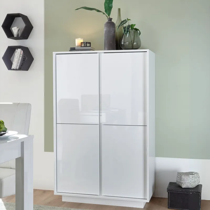 Credenza 92x43x145 cm Bianco Laccato Lucido 4 Ante Battenti Zona Living - Ice