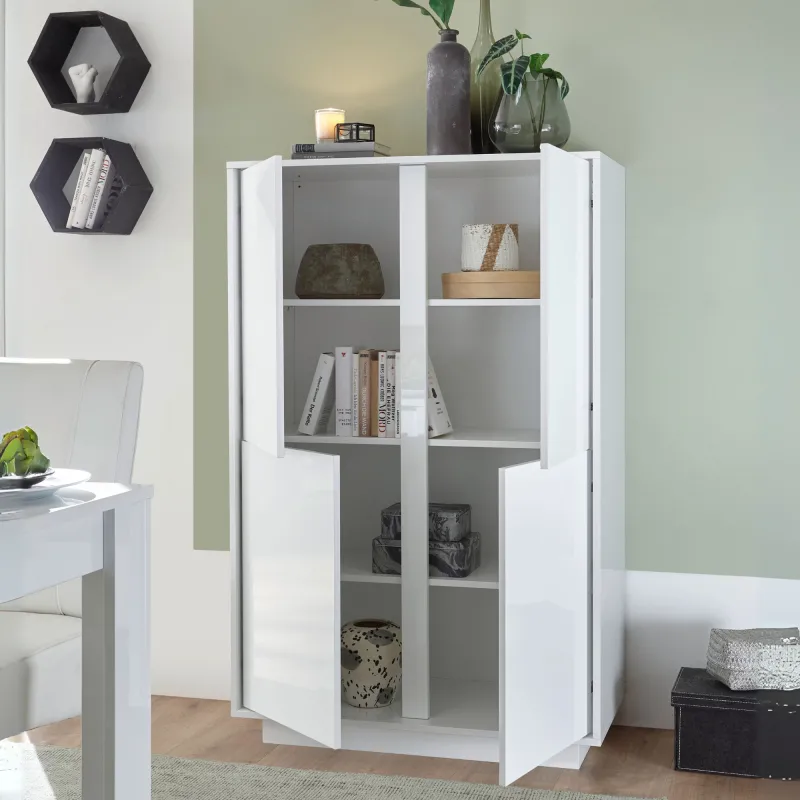 Credenza 92x43x145 cm Bianco Laccato Lucido 4 Ante Battenti Zona Living - Ice