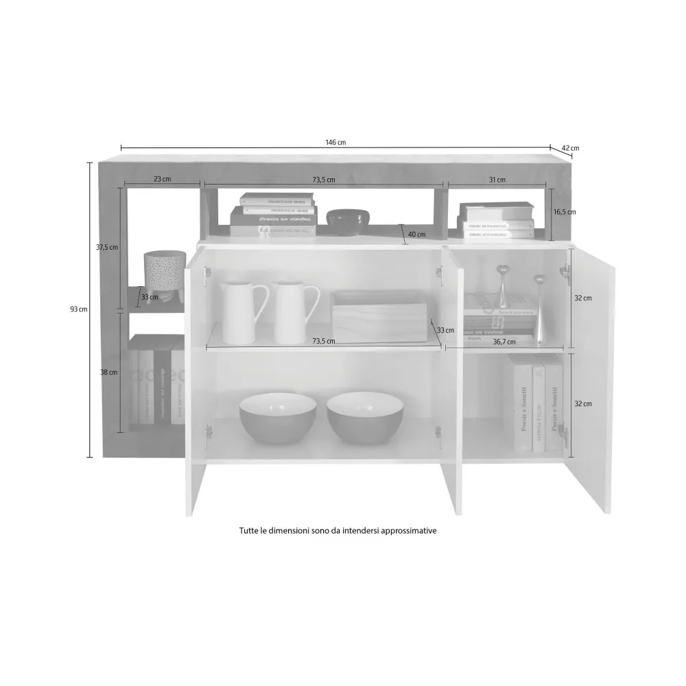 Madia 146x93x42 cm Bianco Lucido Design Moderno Soggiorno - Hamburg