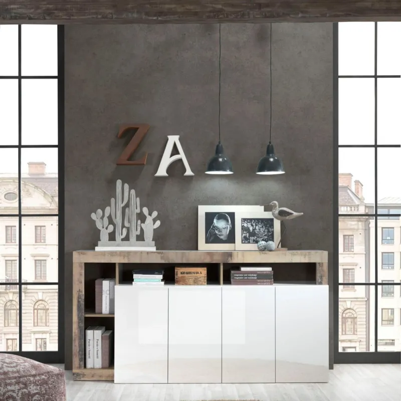 Madia 184x93 Bianco Lucido 4 Ante Vani a Giorno - Hamburg