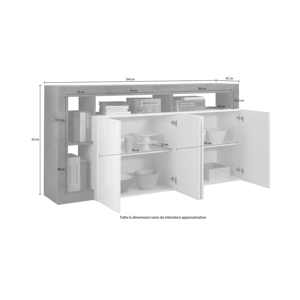 Madia 184x93x42 cm Bianco Lucido Design Moderno Soggiorno - Hamburg