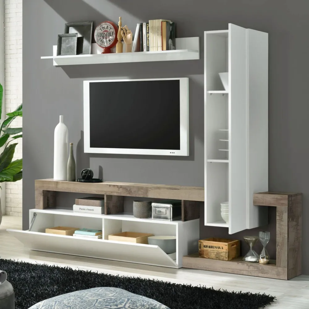 Parete Attrezzata 219x173 cm Bianco Lucido Design Moderno Zona Giorno - Hamburg