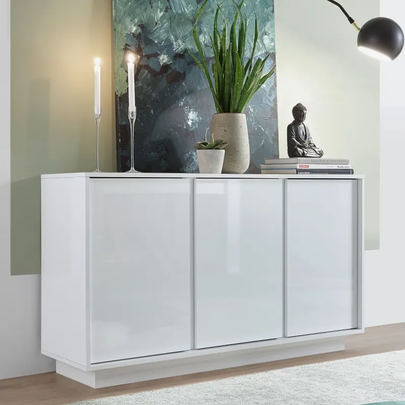 Credenza 138x43x79 cm Bianco Laccato Lucido 3 Ante Battenti - Ice