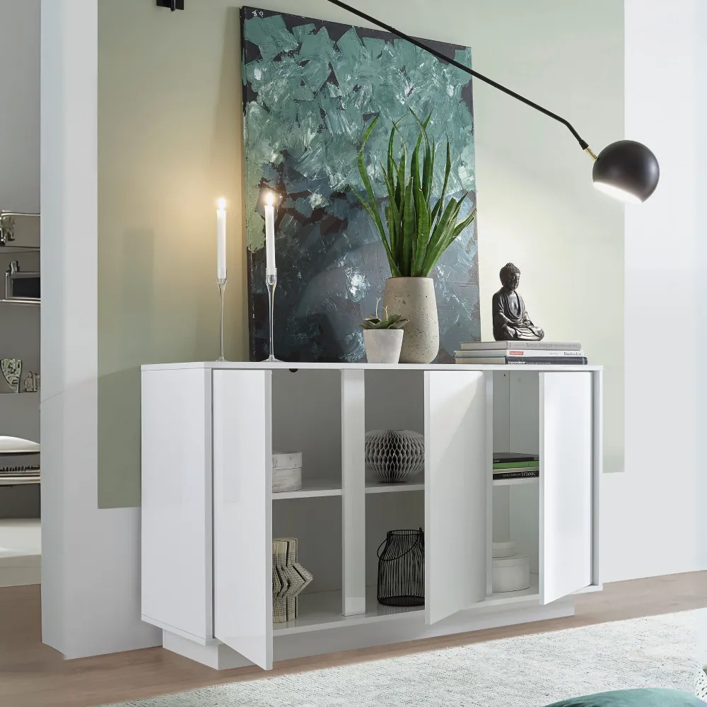 Credenza 138x43x79 cm Bianco Laccato Lucido 3 Ante Battenti - Ice