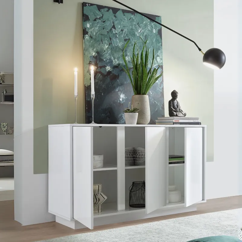 Credenza 138x43x79 cm Bianco Laccato Lucido 3 Ante Battenti - Ice
