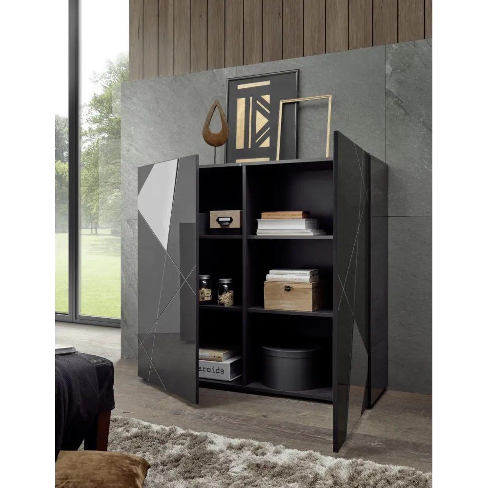 Credenza 121x111 cm Grigio Lucido Frontali Specchiati - Vittoria 2