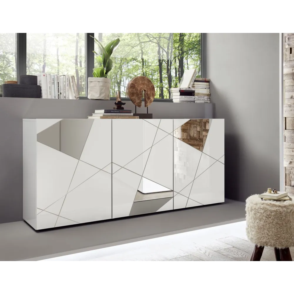 Madia 181x84 cm Bianco Lucido Frontali Specchiati Soggiorno - Vittoria