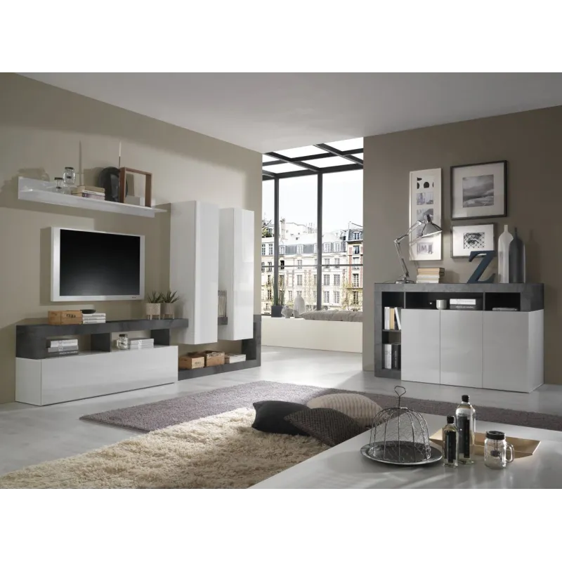Parete Attrezzata 277x35 cm Bianco Laccato Lucido Soggiorno Moderno - Hamburg
