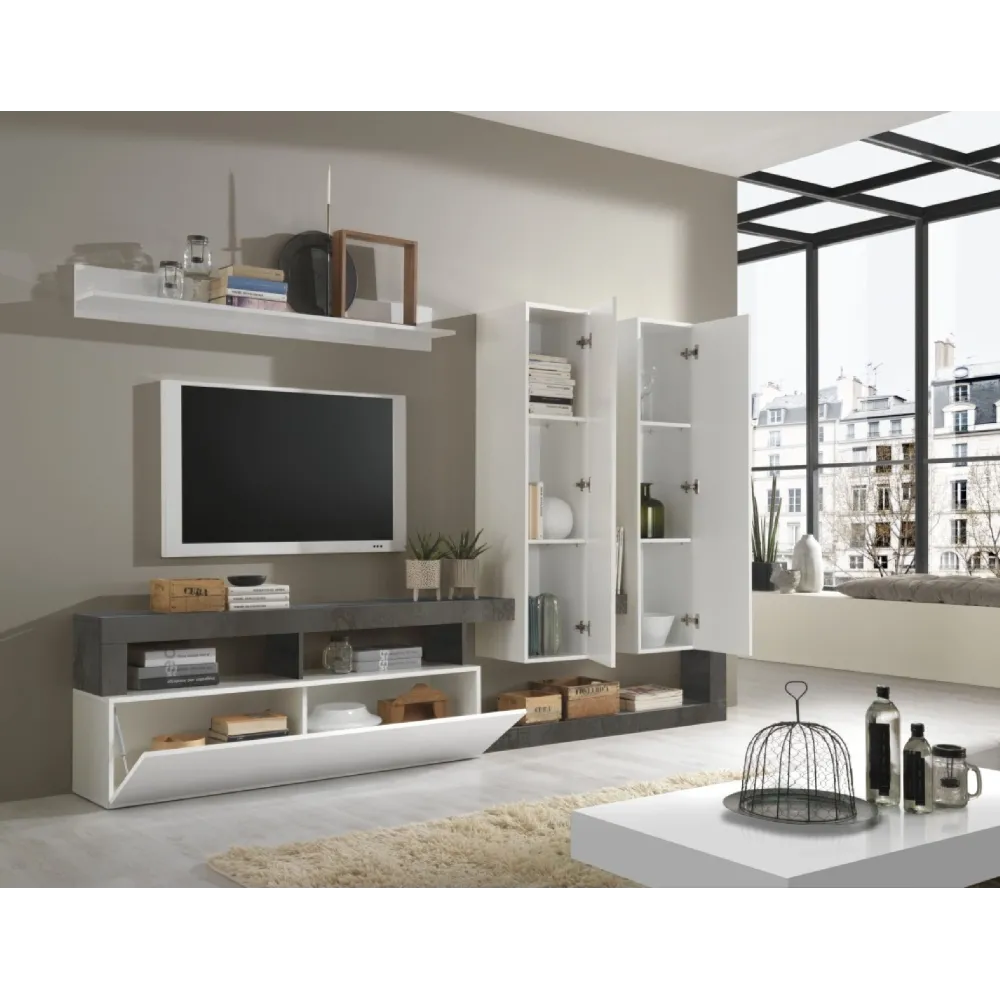 Parete Attrezzata 277x35 cm Bianco Laccato Lucido Soggiorno Moderno - Hamburg