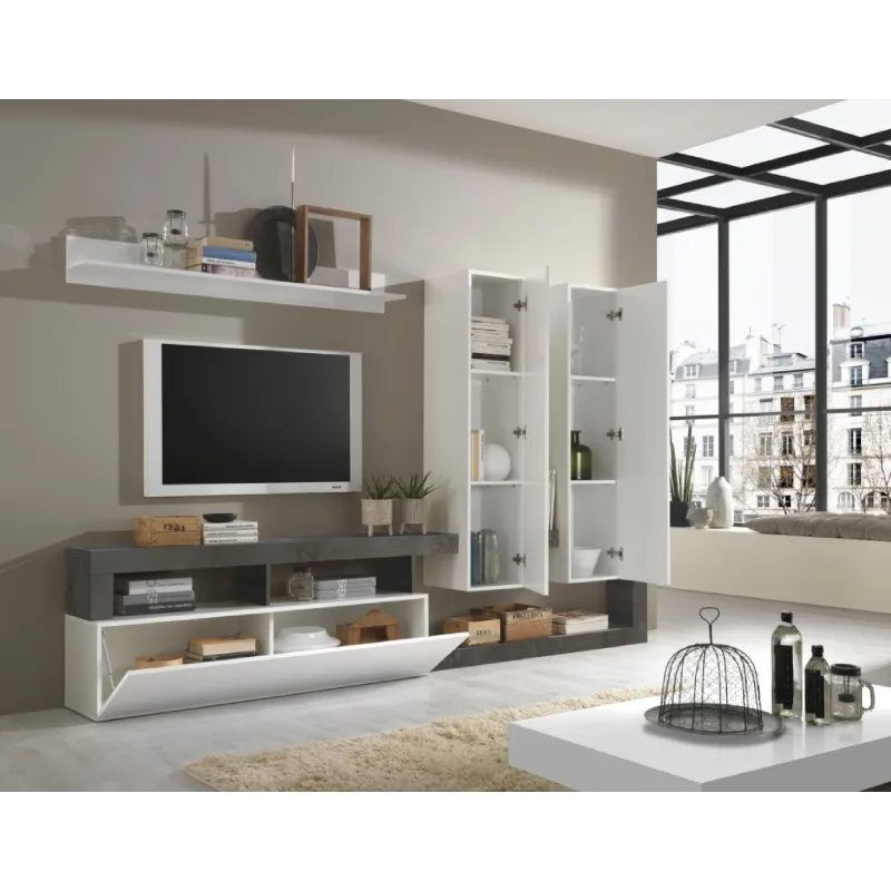 Parete Attrezzata 277x35 cm Bianco Laccato Lucido Soggiorno Moderno - Hamburg