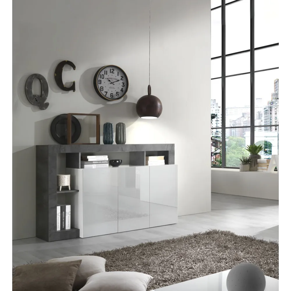 Parete Attrezzata 277x35 cm Bianco Laccato Lucido Soggiorno Moderno - Hamburg