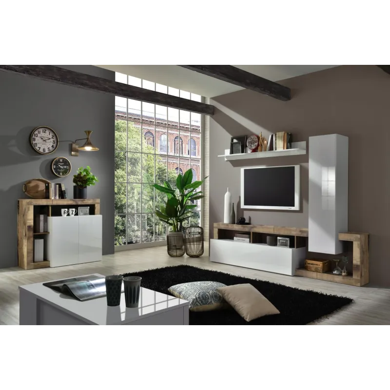 Parete Attrezzata 219x35 cm Bianco Laccato Lucido Moderna con Pensili e Mensole - Hamburg