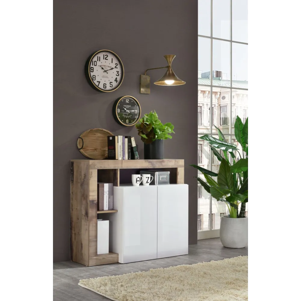Parete Attrezzata 219x35 cm Bianco Laccato Lucido Moderna con Pensili e Mensole - Hamburg