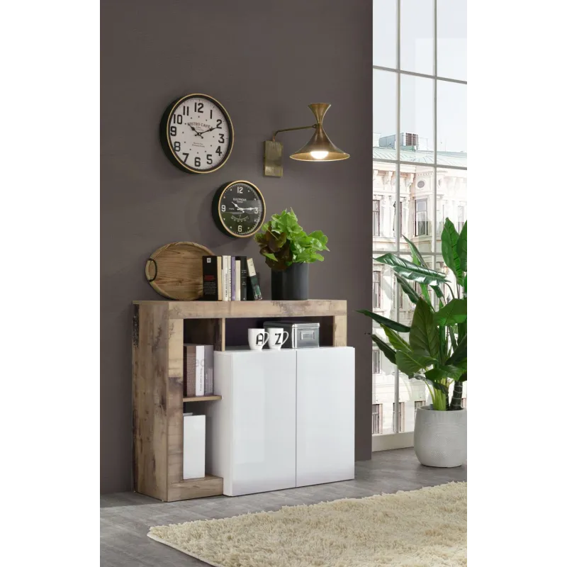 Parete Attrezzata 219x35 cm Bianco Laccato Lucido Moderna con Pensili e Mensole - Hamburg