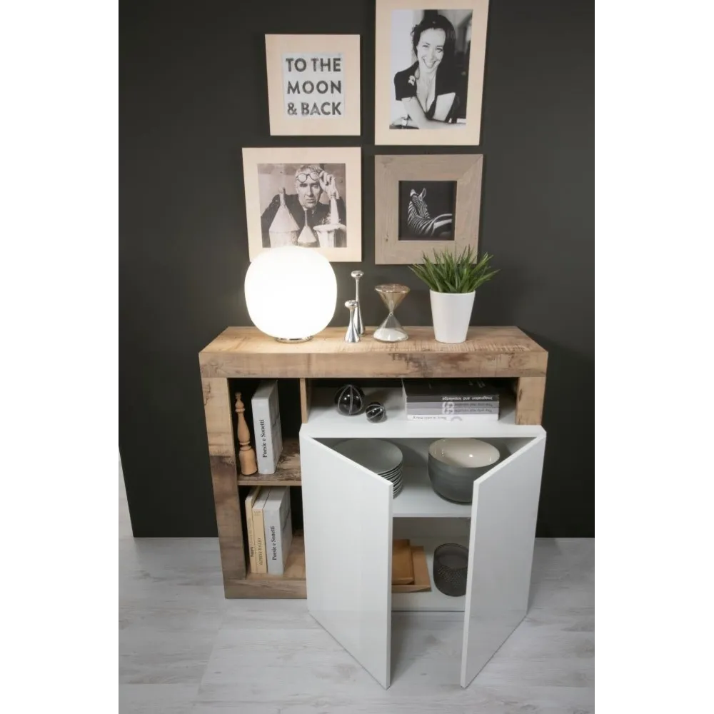 Parete Attrezzata 219x35 cm Bianco Laccato Lucido Moderna con Pensili e Mensole - Hamburg