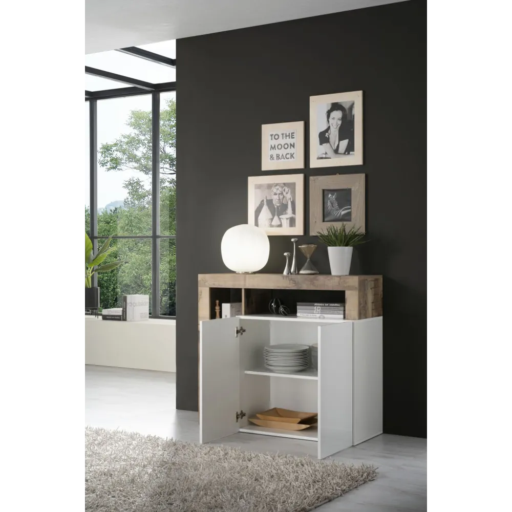 Parete Attrezzata 219x35 cm Bianco Laccato Lucido Moderna con Pensili e Mensole - Hamburg