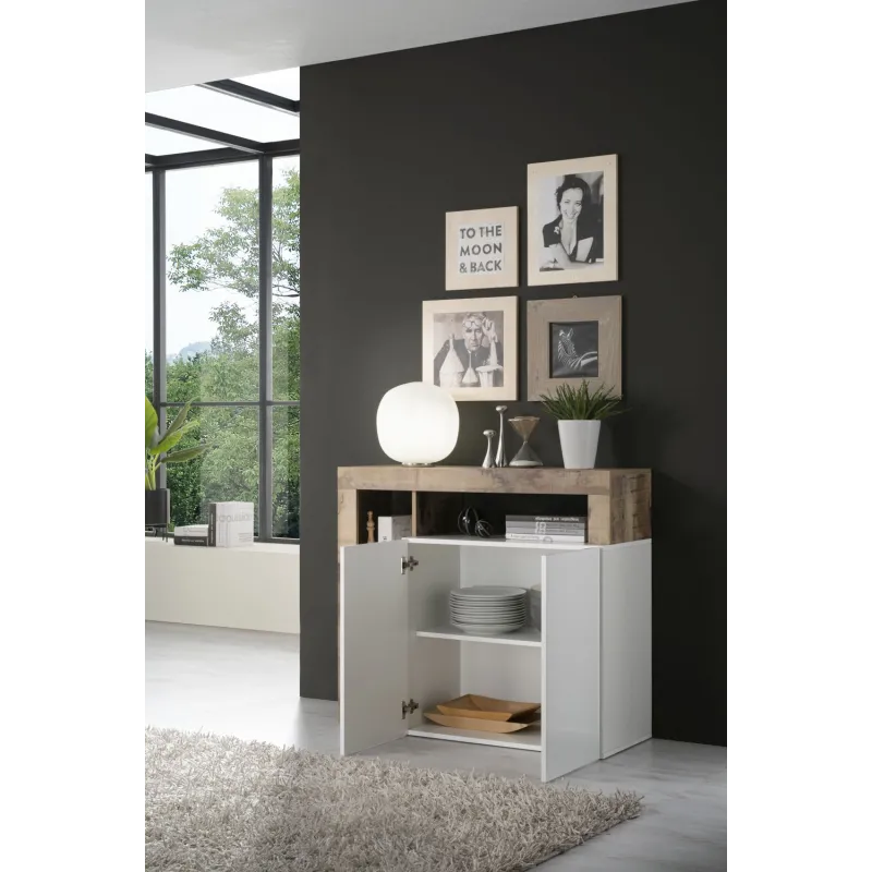 Parete Attrezzata 219x35 cm Bianco Laccato Lucido Moderna con Pensili e Mensole - Hamburg