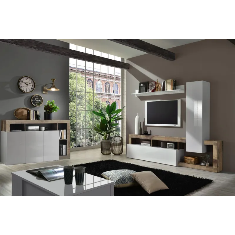 Parete Attrezzata 219x173x35 cm Bianco Laccato Lucido Design Moderno - Hamburg