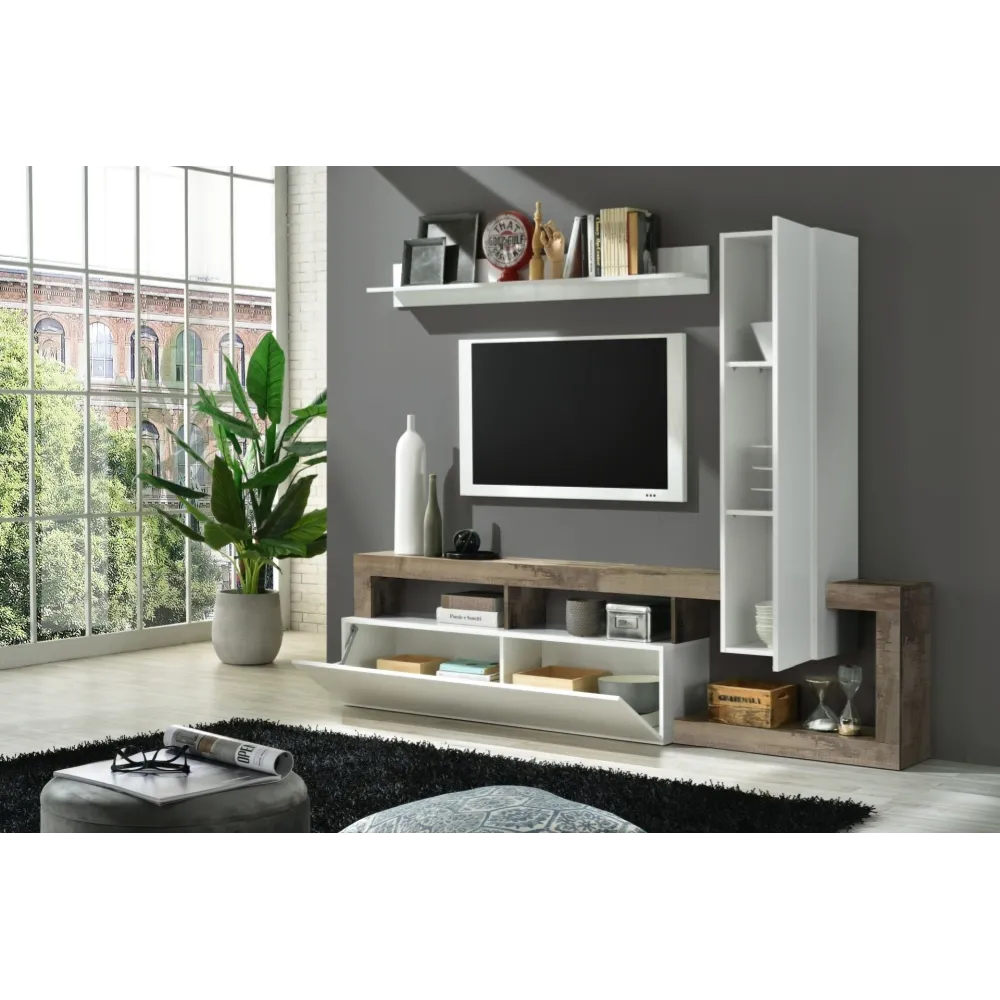 Parete Attrezzata 219x173x35 cm Bianco Laccato Lucido Design Moderno - Hamburg