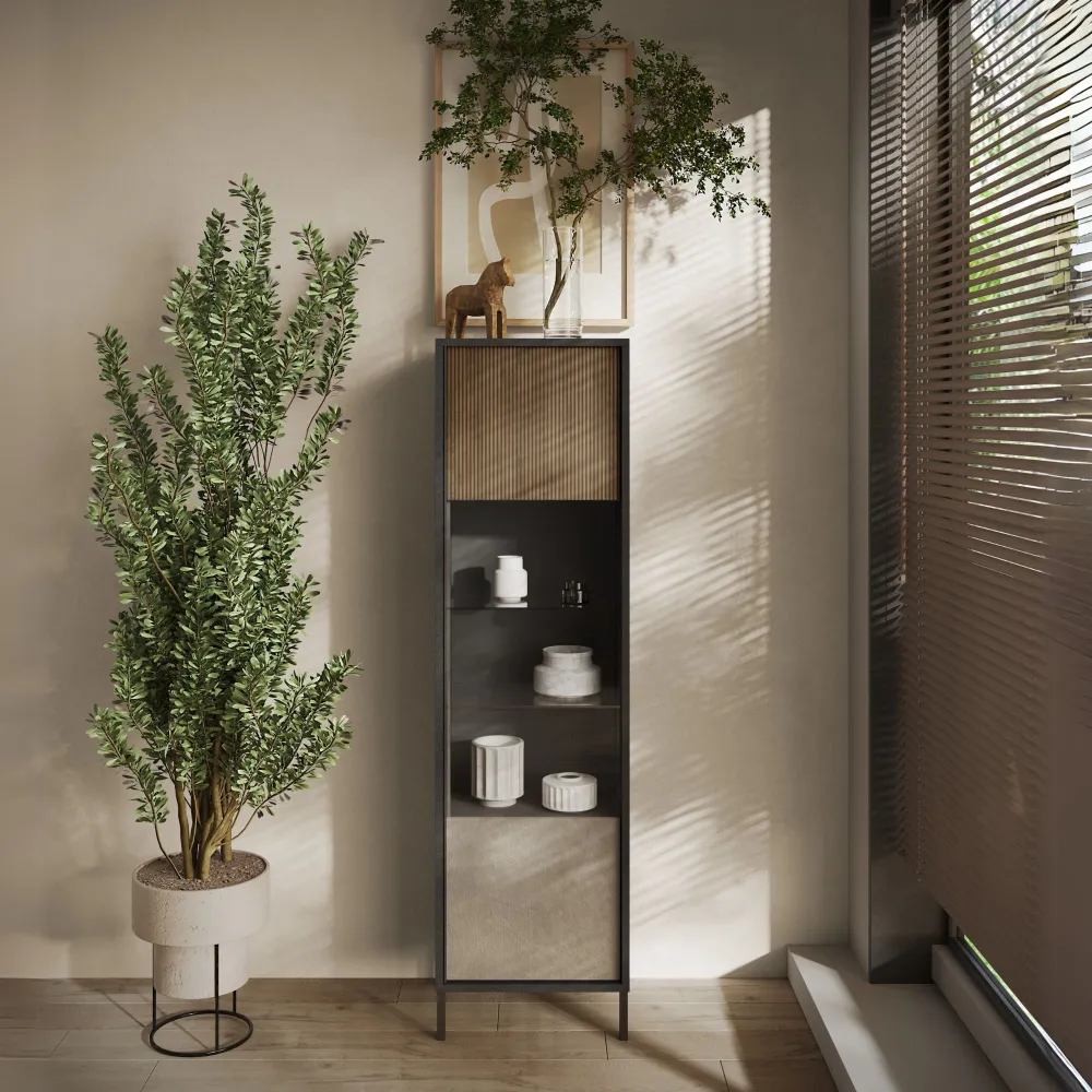 Vetrina 55×203×40 rovere argilla e rovere scuro con anta in vetro - ZENITH