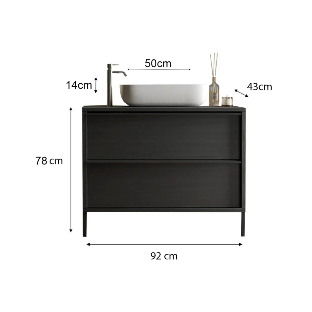 Mobile bagno 92×92×43 nero frassinato con lavabo a ciotola e doppio piede - TEKKEN 2