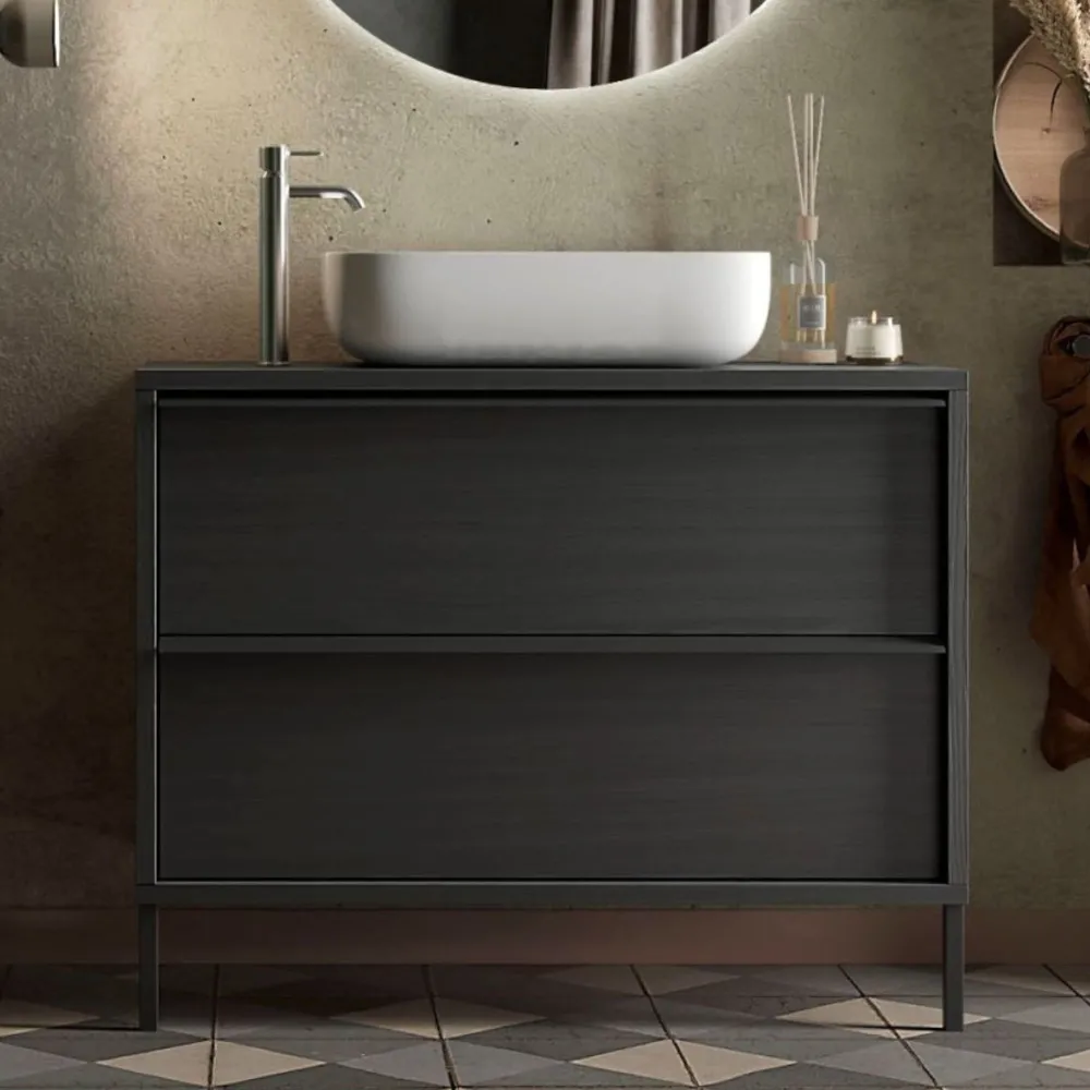Mobile bagno 79×92×43 nero frassinato con lavabo a ciotola e doppio piede - TEKKEN