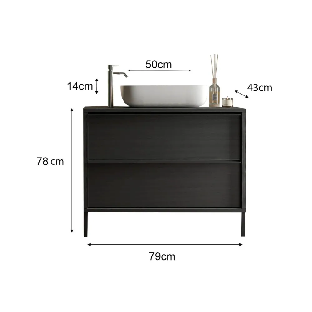 Mobile bagno 79×92×43 nero frassinato con lavabo a ciotola e doppio piede - TEKKEN 2