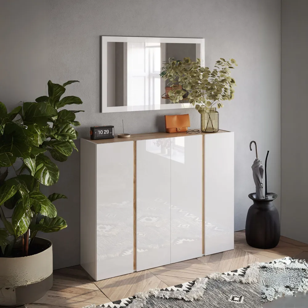 Contenitore 4 ante 140×111×35 bianco lucido e rovere Cadiz con 10 ripiani - NEST