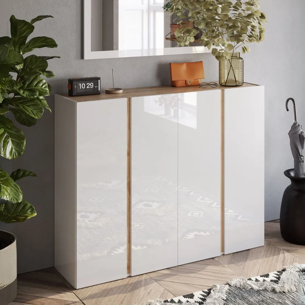 Contenitore 4 ante 140×111×35 bianco lucido e rovere Cadiz con 10 ripiani - NEST 2