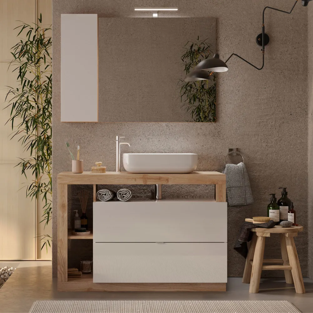 Base lavabo a terra 110×92×49 cm Cadiz Oak con 2 cassetti - HAMBURG