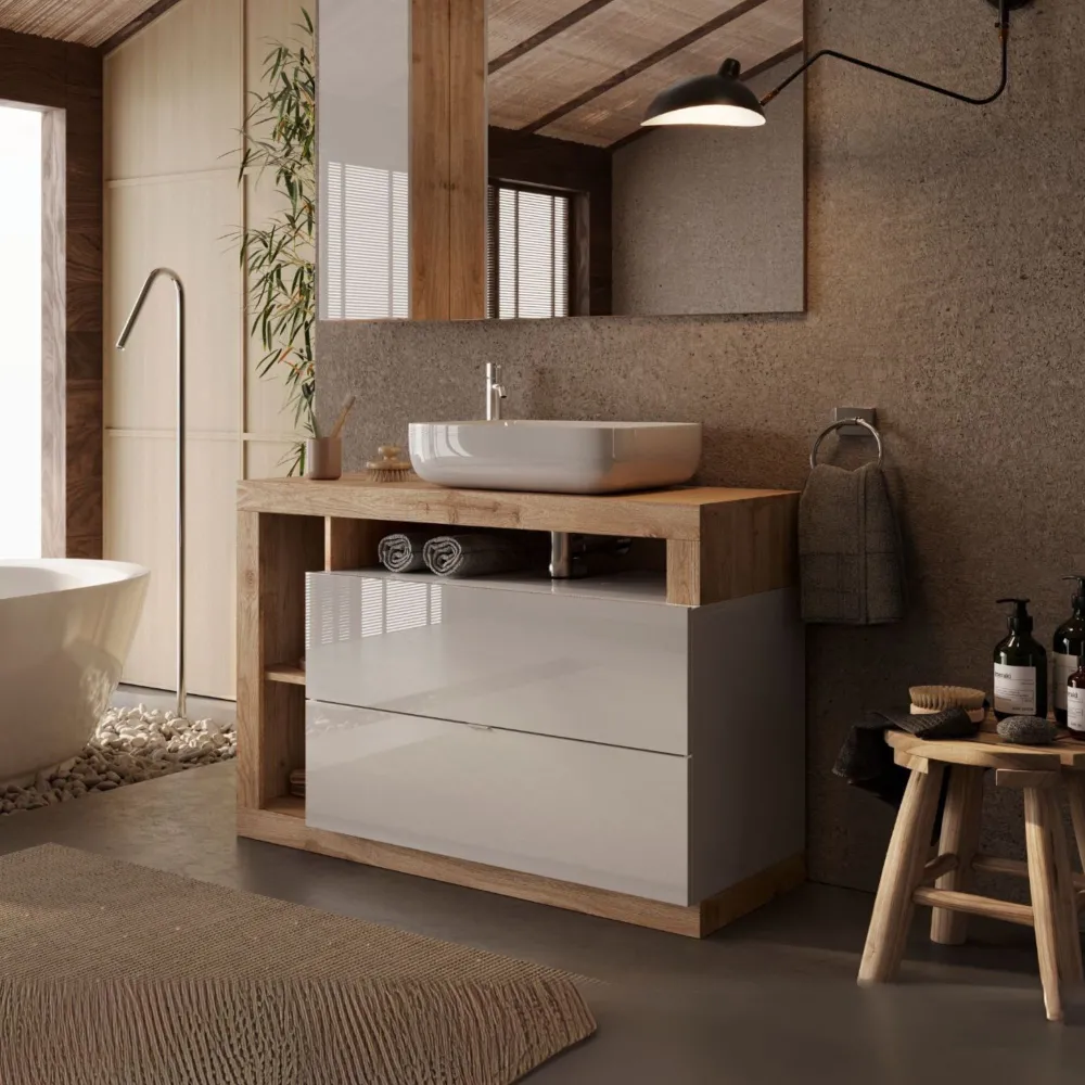 Base lavabo a terra 110×92×49 cm Cadiz Oak con 2 cassetti - HAMBURG 2