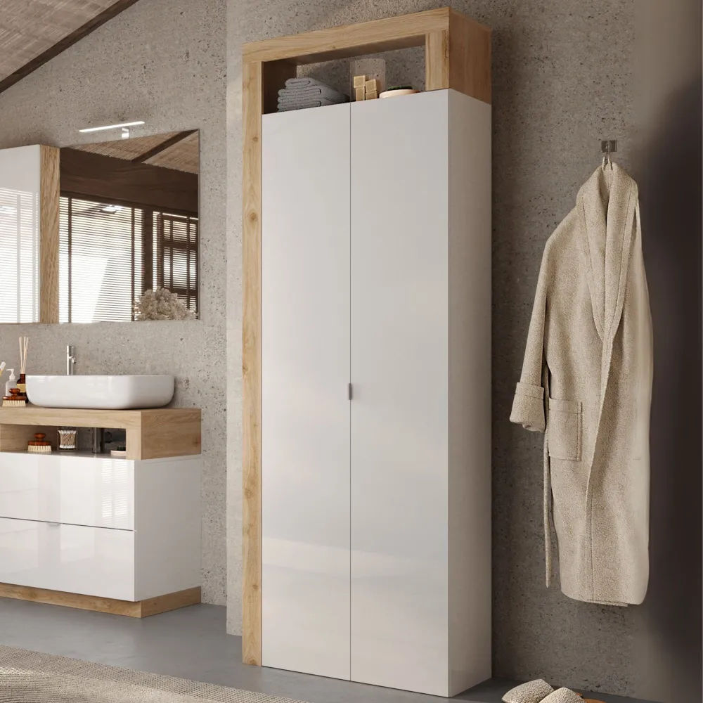 Colonna 64×195×35 cm  Bianco lucido e Cadiz a due ante 5 ripiani - HAMBURG