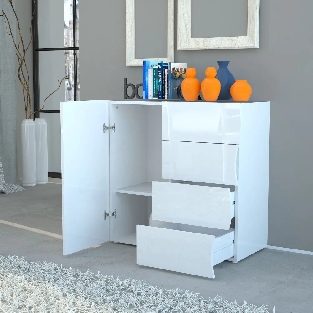 Credenza 90x39,5x81 cm Bianco Laccato Lucido Motivo Ondulatorio Moderno - Mare 2