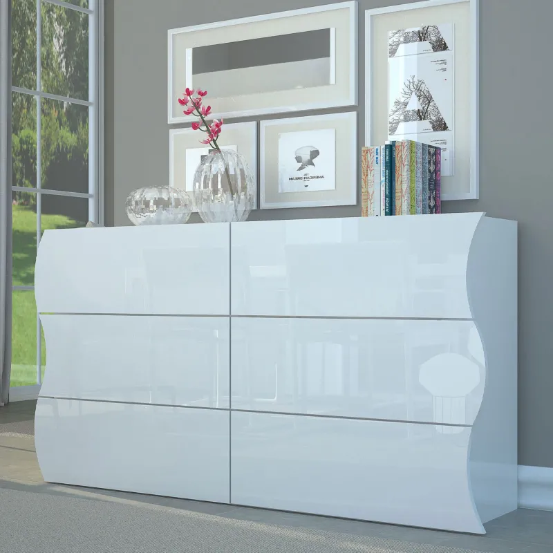 Cassettiera 155x81,5x39,5 cm Laccato Lucido Design Ondulatorio 6 Cassetti - Mare